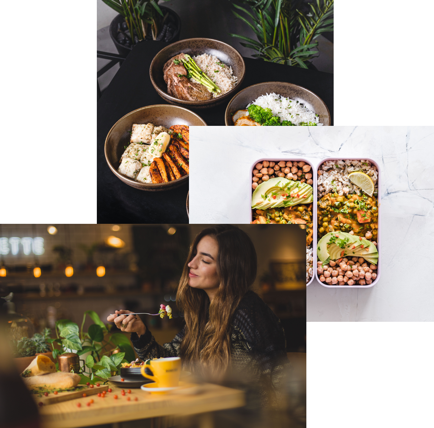 Woman eating meal, 3 food bowl and 2 food trays with yummy food
